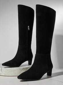 SHUZIA Women Everyday Basic Comfortable Zip-On Knee-High Medium Height Heeled Boots - Black - View 5