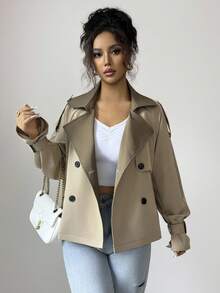 Selianne Women's Elegant Casual Commuter Khaki Patchwork Olive Green Lapel Double-Breasted Pocket Design Sleeve Decorative Short Loose Casual Jacket Windbreaker Fall Winter Cloth For Women - Khaki - View 4