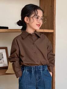 Dazy Kids Girls Young Girl Casual Style Shirt, Open Back Design With Cute Bow, Suitable For Daily Wear, Simple And Fashionable - Brown - View 2