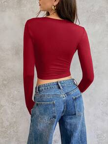 SHEIN Unity 女式性感纯色蕾丝拼布修身短款上衣 T 恤，秋季 - 酒紅色 - 查看 2