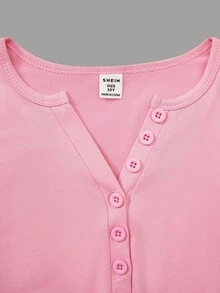 Girls V-Neck Button Long Sleeve T-Shirt, Korean Style Slim Fit Casual Tee, Spring/Autumn Fall Winter - Multicolor - View 7