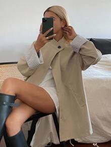 DAZY 女式条纹袖口宽松休闲风衣女式夹克，秋季女装 - 卡其色 - 查看 6