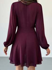 Aloruh 梅紫色浪漫约会音乐节系带长袖荷叶边下摆迷你连衣裙（女士） - 中紫紅色 - 查看 3