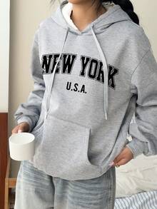 SHEIN EZwear 女款休閒極簡字母印花淺灰色寬鬆厚款連帽口袋衛衣，適合秋冬穿著 - 淺灰色 - 查看 2
