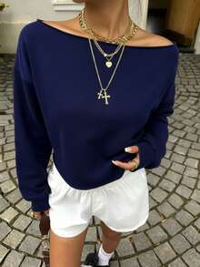 SHEIN EZwear Áo nỉ lửng hở vai màu xanh navy dành cho nữ, thể dục, khiêu vũ, thu/đông, áo chui đầu dày cổ tròn dài tay dáng rộng thường ngày - Màu xanh hải quân - Xem 3