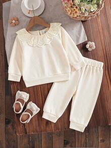 SHEIN Vintaside Kids 2 件套女婴服装，简约设计，别致衣领，春季，5-12 个月 - 卡其色 - 查看 1