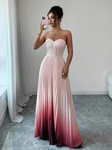 Elenzga Vestido elegante y romántico con gradiente de color, cintura fruncida y dobladillo en línea A sin tirantes para mujeres - Multicolor - Ver 6