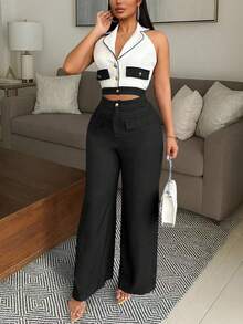 Vavine Bộ trang phục công sở thanh lịch dành cho nữ, gồm áo vest cài nút kim loại ôm vừa vặn, ve áo vải tuýt và quần dài cạp chun co giãn họa tiết, bộ 2 món thường ngày - Đen và trắng - Xem 5