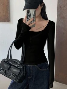 DAZY 休闲百搭纯色修身长袖女式T恤