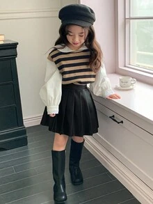 DAZY 少女PU褶皱休闲韩版迷你裙 - 黑色 - 查看 6