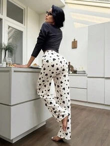 SHEIN 蝴蝶结爱心罗纹圆领长袖上衣和裤子休闲女式睡衣套装，秋冬服装 - 黑色 - 查看 3