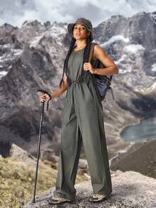 SHEIN EZwear 女式休闲户外简约纯色拉链前抽绳腰部无袖牛仔连体裤 - 綠色 - 查看 3