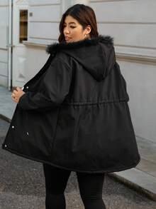 SHEIN Essnce Chaqueta de invierno con capucha de piel sintética, de talla grande para mujer, de unicolor, de manga larga, con cordón en la cintura y parches, de uso casual