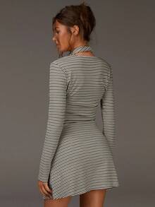 Athîral New Year Dress Women, Winter Dress Women, Striped Long Sleeves Chest Twist Halter Neck Long Sleeve Mini Dress - Multicolor - View 2