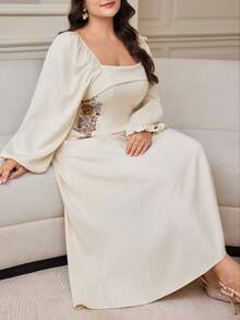 Modelyn Elegant Square Neck Waist Cinched Long Sleeve Plus Size Dress For Women - Apricot - View 7
