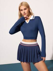 Gameset SHEIN Sport Women's Contrast Color Long Sleeve Sports Polo Shirt - Navy Blue - View 3