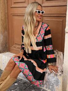 Brillora Women's V-Neck Ruffle Hem A-Line Print Vacation Dress - Black - View 7