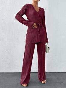 SHEIN Tall Solid Cross Belted Top & Wide Leg Pants Two Piece Set Women Elegant Formal Two Piece Set Two Piece Pants Set Women Pleated Two Piece Set Pants Suit Modest Two Piece Set - Burgundy - View 5