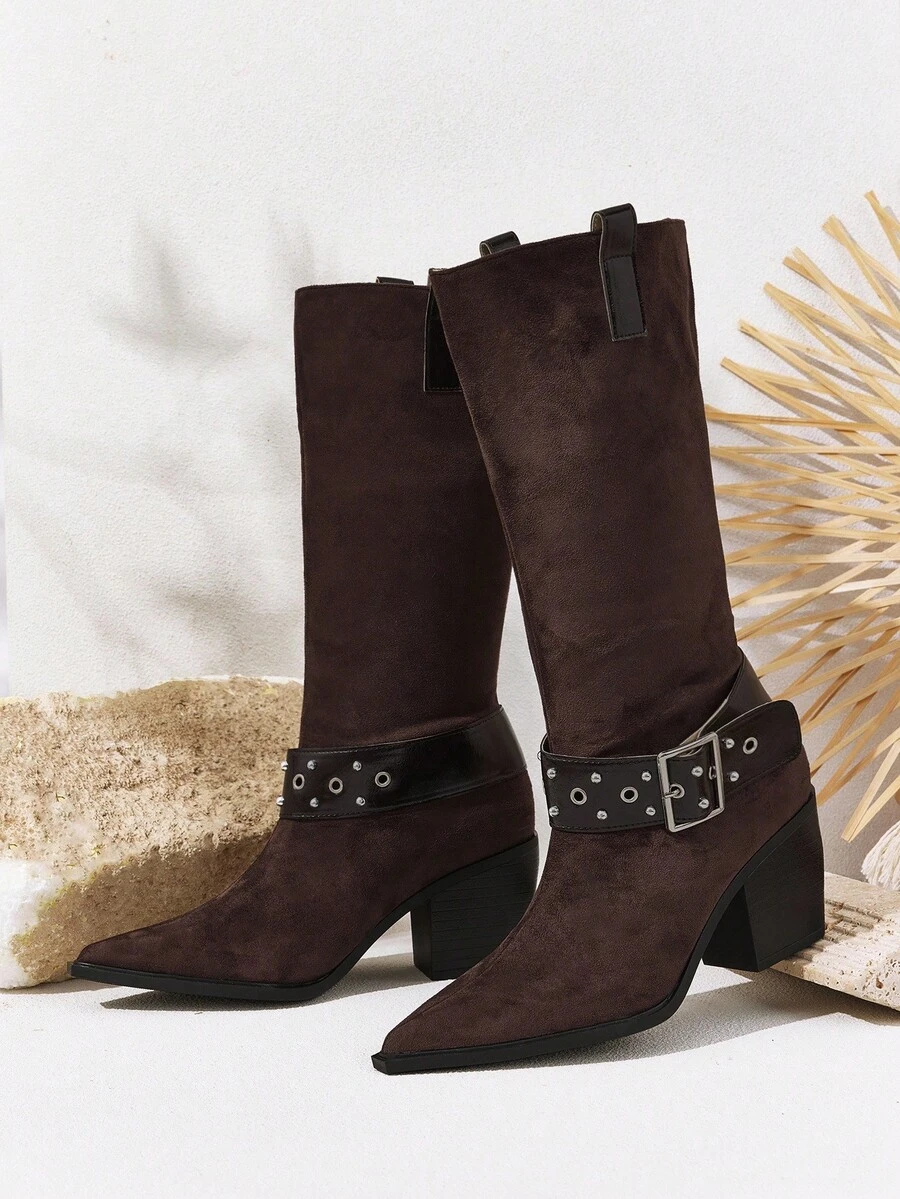 Styleloop Women's Casual Fashion Sexy Chunky Heel Pointed Toe Western Boots, Core - Brown - View 1