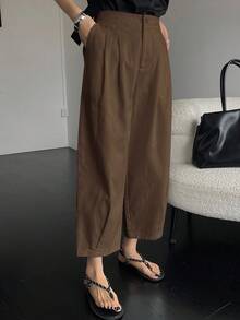DAZY Women's Solid Color Casual Pants Petite - Coffee Brown - View 5