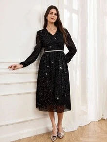 Miaspire 优雅派对女士连衣裙，网眼亮片面料泡泡袖修身喇叭裙，V 领黑色优雅中长连衣裙，适合优雅外出、派对和聚会，秋冬季 - 黑色 - 查看 6