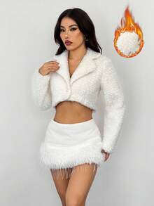 SHEIN PETITE 女士纯色翻领长袖单排扣短款仿皮草外套 白色毛绒大衣 秋冬款 - 白色 - 查看 4