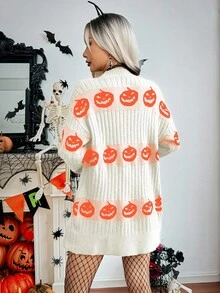 Chiquease Halloween Casual Pumpkin Pattern Knit Cardigan Pumpkin Sweater Halloween Sweater - White - View 2