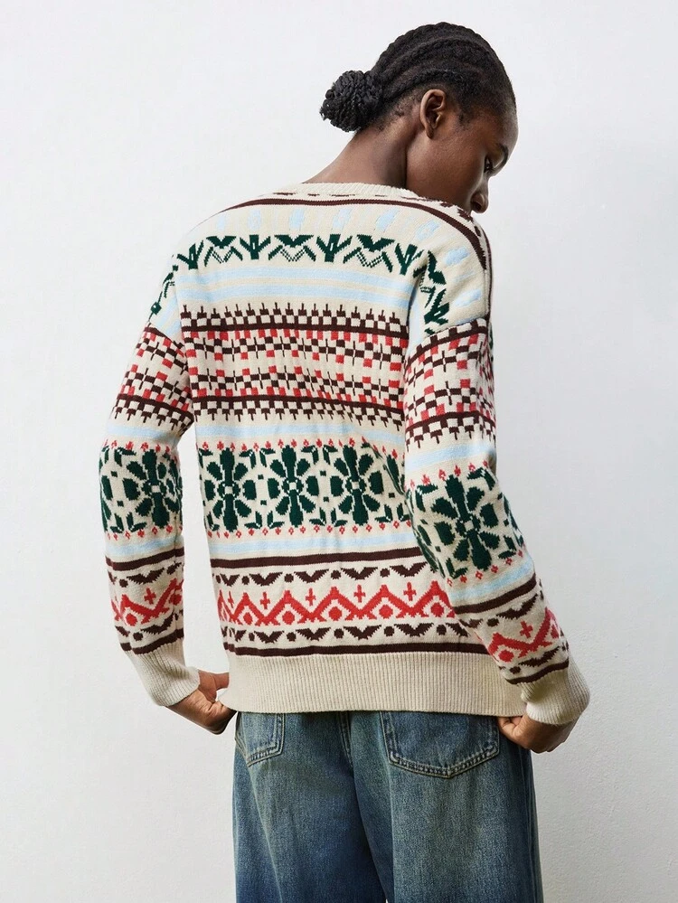 SHEIN Maija 女性用カジュアルフローラルパターンラウンドネックドロップショルダーセーター、秋冬クリスマス女性用クリスマスジャンパー、新年カジュアルブラウス、女性用ウィンターセーター、クリスマスジャンパーカジュアル、レディースカジュアルブラウス