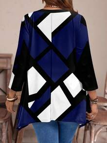 EMERY ROSE Casual Minimalist Colorblock Print Plus Size Long Sleeve Loose T-Shirt, Suitable For Autumn/Winter Fall - Multicolor - View 2