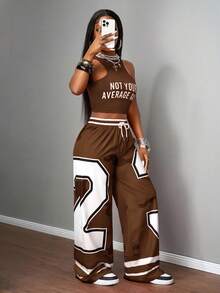 Slaydiva 2025新款夏季休闲截图性感运动风球服圆领工字背心口号Logo白色字母印花截角红色背心+阔腿裤长裤23号红色迷彩条纹印花梭织裤女士两件套套装-B - 棕色 - 查看 6