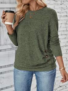 EMERY ROSE Plus Size Women Casual Long Sleeve Round Neck Button Hem T-Shirt - Army Green - View 4