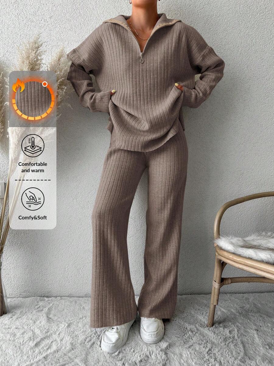 EURMUSE Drop Shoulder Sweater With Half Zipper And Knitted Pants Two Piece Set - Mocha Brown - View 1