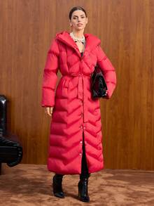 EURMUSE Women Solid Color Belted And Pocket Detailed Long Winter Coats - Red - View 4