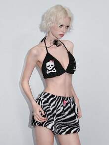 J-Fashion Bộ 2 thú nhồi bông thêu hình bộ xương Halloween tối màu, họa tiết ngựa vằn, nơ cho nữ - Đen và trắng - Xem 4