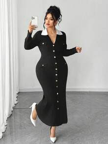 SHEIN Elenzya Plus Size Elegant Commuter Color Block Collar Button Front Knit Dress