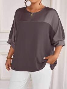 Cravure Plus Size Round Neck 3/4 Sleeve Foil Fabric Patchwork Contrast Color Woven Fabric Cuff Raglan Sleeve Casual Outgoing Vacation Commute Party Pullover Shirt - Rust Brown - View 6