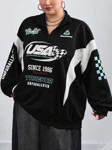 SHEIN CURVE+ 大码女式街头运动服、运动休闲、返校休闲色、秋冬彩色字母印花运动服 - 彩色 - 查看 4