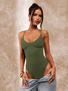 SHEIN BAE Brown Beaded Spaghetti Strap Bodysuit For Women, Summer Tight Sexy Retro Camisole Bodysuit, Beach Vacation Camisole, Beaded Camisole