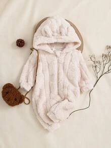 SHEIN 男婴休闲双面卡通耳朵连帽长袖连体衣，前拉链设计，罗纹袖口和下摆，秋冬季 - 杏色 - 查看 3