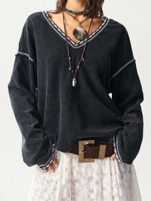 Bohemela 大码女式V领落肩长袖休闲宽松卫衣 - 黑色 - 查看 1