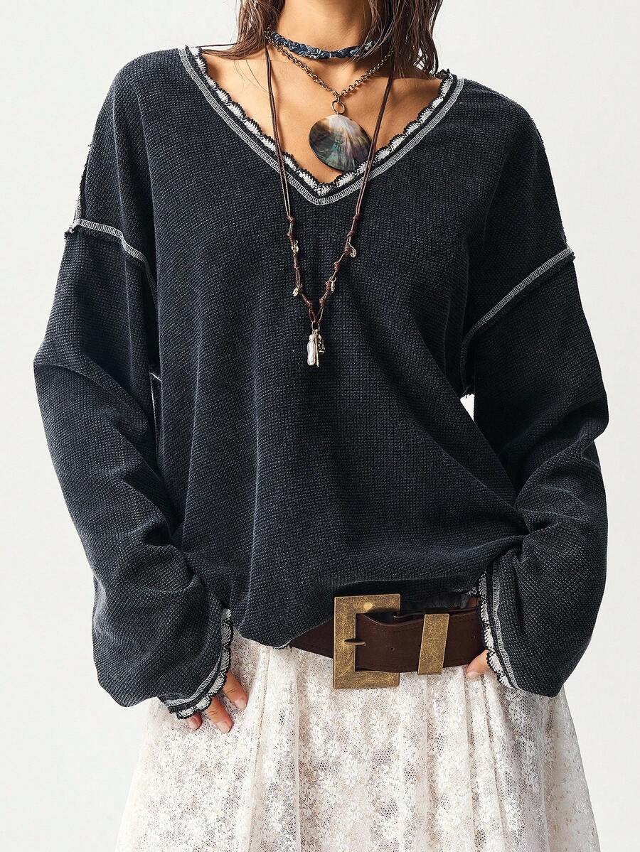 Bohemela 大码女式V领落肩长袖休闲宽松卫衣 - 黑色 - 查看 1