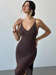 Firerie Women's Elegant Romantic Delicate Date Party Vacation Music Festival Bohemian Teacher Outfit V-Neck Tassel Texture Spaghetti Strap Eggplant Purple Maxi Dress, Summer - Purple - View 5