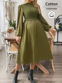 SHEIN 秋装,秋季服装,孕妇装 秋季服装 孕妇装 休闲/通勤 灯笼袖连衣裙 - 軍綠色 - 查看 1