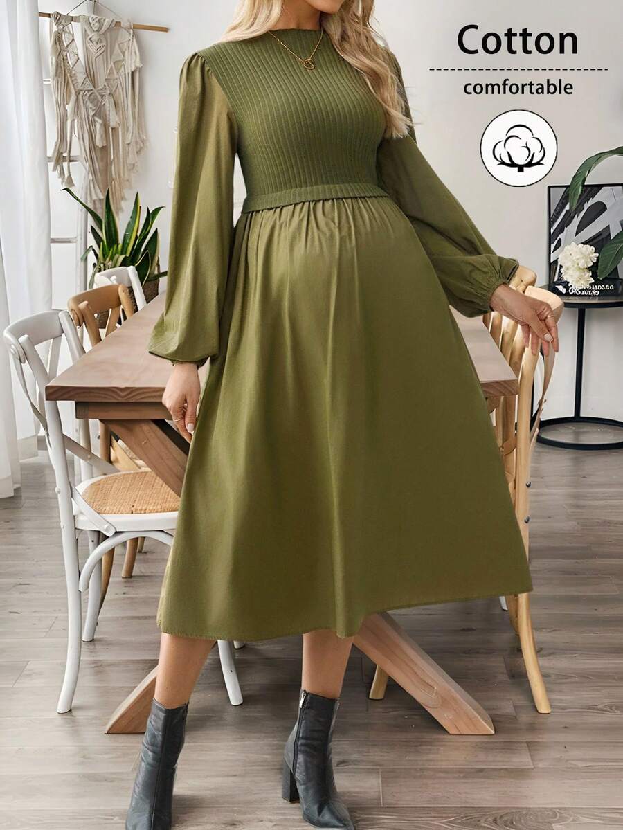 SHEIN 秋装,秋季服装,孕妇装 秋季服装 孕妇装 休闲/通勤 灯笼袖连衣裙 - 軍綠色 - 查看 1