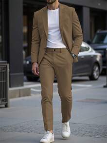 Calvornis 男士休闲商务两件套西装，纯色西装套装夹克和裤子，简约时尚休闲日常穿着婚礼西装舞会西装男士，适合情人节周年纪念日等场合，是送给男朋友或丈夫的绝佳礼物。 - 棕色 - 查看 4