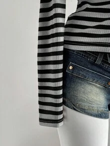 Elamini Grey Black & White Ribbed Texture Off Shoulder Ruched Long Sleeve T-Shirt,Grunge Button Decor Front Split Fitted Top,Autumn Night Out Minimalist Tee - Black - View 7