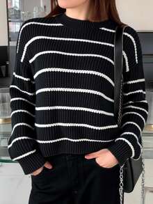 SHEIN TEENGIRL 黑白条纹基本款休闲圆领宽松灯笼袖毛衣，返校季学院风家居服套头衫，秋冬款 - 黑與白 - 查看 1