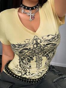 Whyspr Grunge Punk Halloween V-Neck Punk Print Rhinestone Embellished Tight Crop Top - Light Yellow - View 6