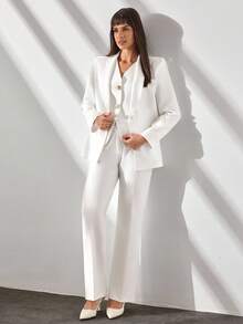 CLARA VERO Women's Solid Gold Button Front Seam Detailed Wide Leg Good Quality Elegant Three Pieces Suit Set - White - View 4