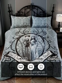 Corpse Bride X SHEIN 3pcs Vintage Cartoon Figure Graphic Duvet Cover Set, Brushed Fabric, Soft & Warm, Black Duvet Cover, Multiple Sizes Fit Twin/Full/Queen/King Bed, Goth - Grey - View 10